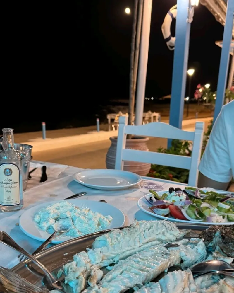 Τσιπούρα στα κάρβουνα, χωριάτικη και ούζο Πλωμαρίου, βράδυ στη βεράντα